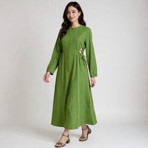 ZARA Linen Blend Cut Out Dress Medium Apple Green Long Sleeve Maxi Midi Blogger